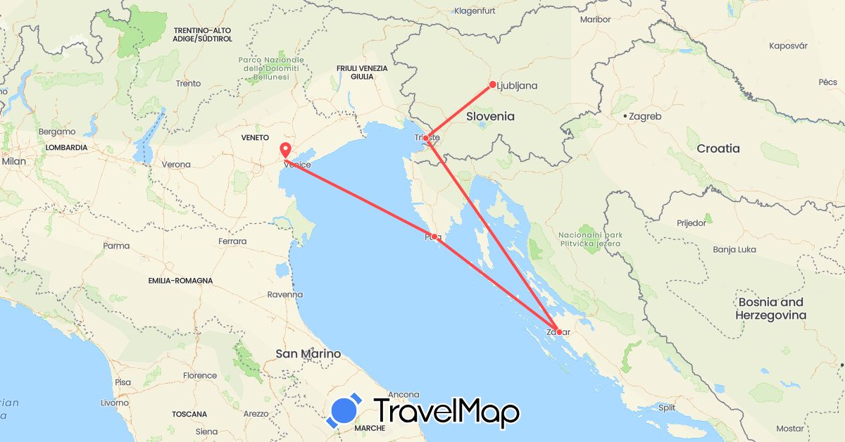 TravelMap itinerary: driving, hiking in Croatia, Italy (Europe)